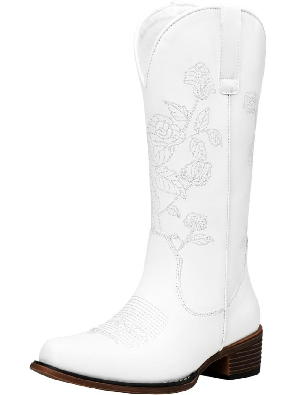 Women's White Cowboy Mid Calf Boots with Embroidery Flower Low Heel Western